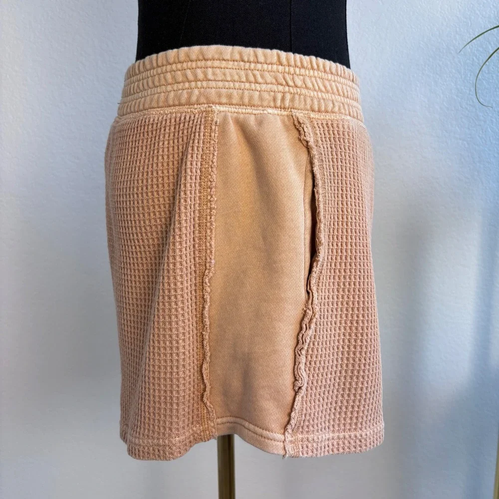 Aerie Womens XS Tan Waffle Knit Lounge Shorts High Waisted Thermal Smocked Waist